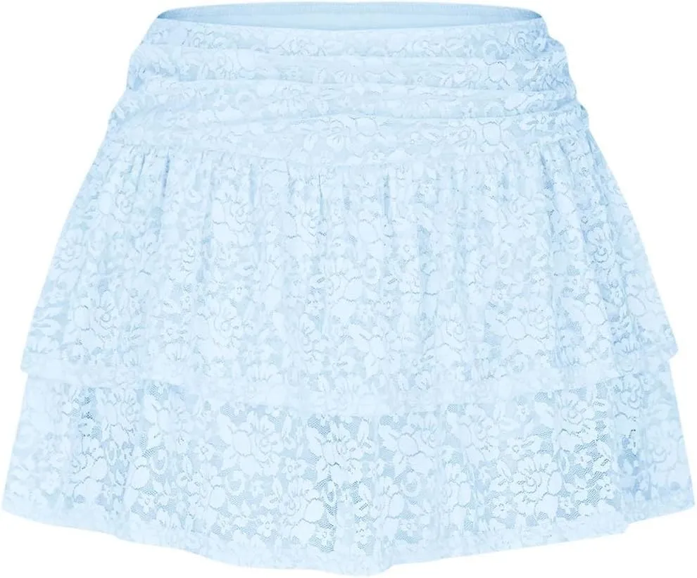 Women Floral Lace Mesh Mini Skirts Y2k Layered Ruffle Sexy Short Skirts Ruched Rise Tiered Hot Coquette Skirt