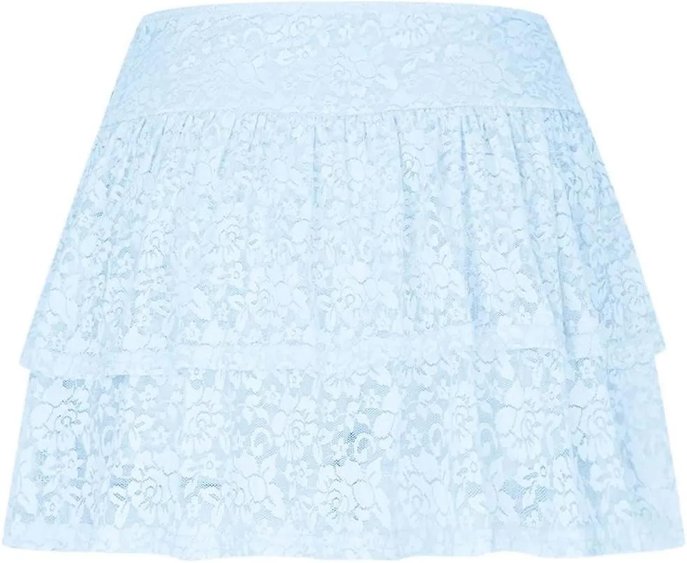Women Floral Lace Mesh Mini Skirts Y2k Layered Ruffle Sexy Short Skirts Ruched Rise Tiered Hot Coquette Skirt