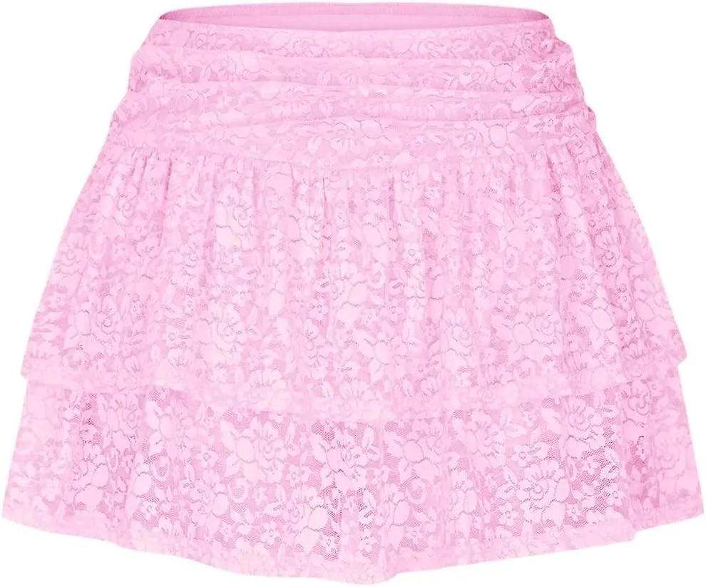 Women Floral Lace Mesh Mini Skirts Y2k Layered Ruffle Sexy Short Skirts Ruched Rise Tiered Hot Coquette Skirt