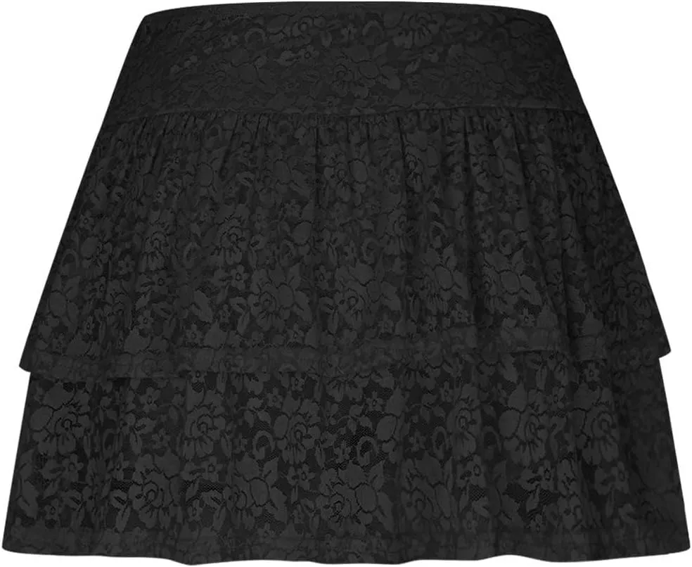 Women Floral Lace Mesh Mini Skirts Y2k Layered Ruffle Sexy Short Skirts Ruched Rise Tiered Hot Coquette Skirt