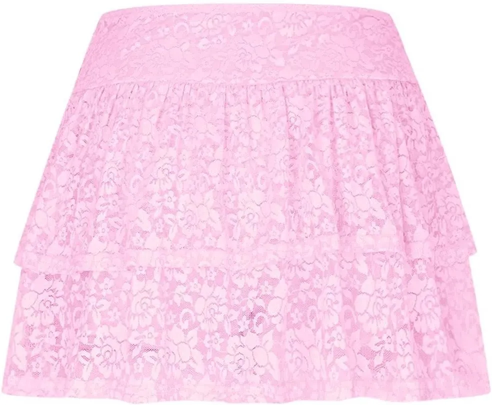 Women Floral Lace Mesh Mini Skirts Y2k Layered Ruffle Sexy Short Skirts Ruched Rise Tiered Hot Coquette Skirt