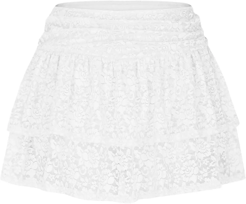Women Floral Lace Mesh Mini Skirts Y2k Layered Ruffle Sexy Short Skirts Ruched Rise Tiered Hot Coquette Skirt