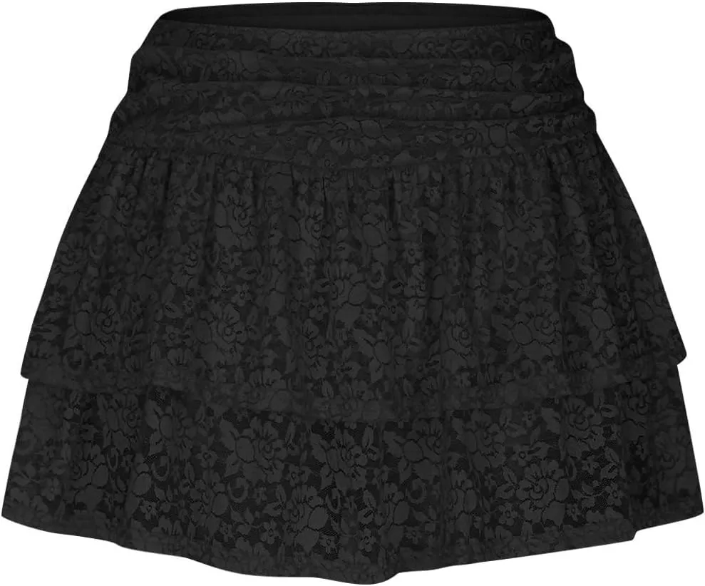 Women Floral Lace Mesh Mini Skirts Y2k Layered Ruffle Sexy Short Skirts Ruched Rise Tiered Hot Coquette Skirt
