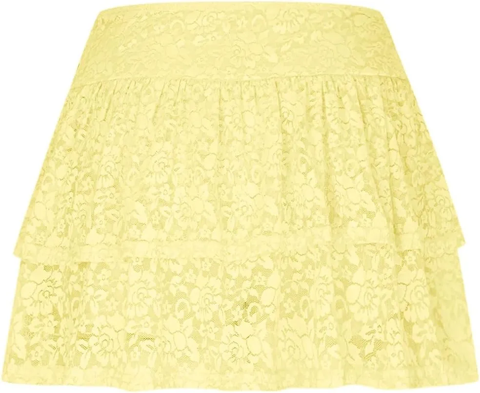 Women Floral Lace Mesh Mini Skirts Y2k Layered Ruffle Sexy Short Skirts Ruched Rise Tiered Hot Coquette Skirt