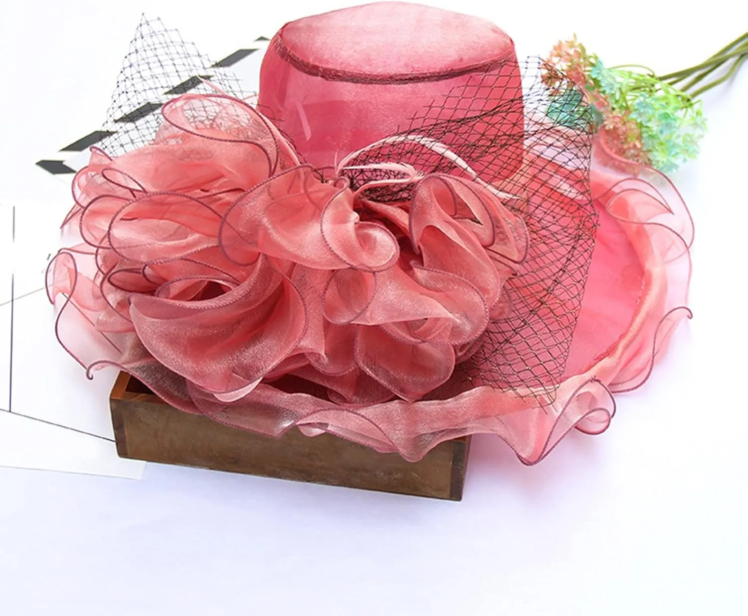 Women Flower-Organza Derby-Hat Polka-Dots-Brim Kentucky-Sun-Hat Tea-Party-Elegant-Hat-Church-Fascinator