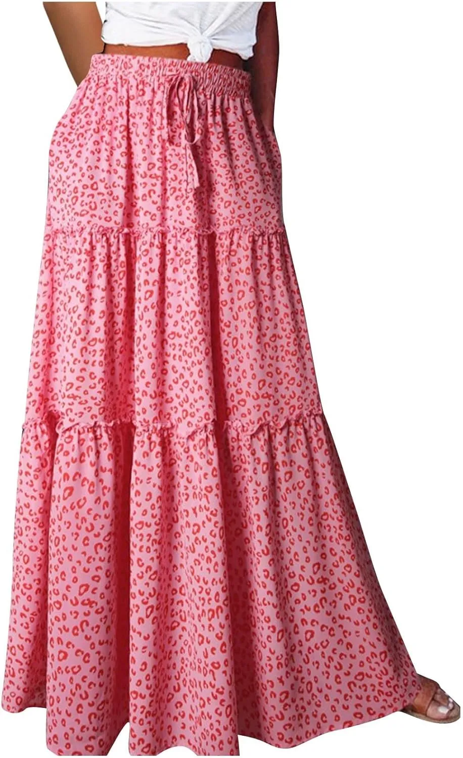 Women Lightweight Boho Maxi Skirt Summer Casual Flowy A-Line Skirts Drawstring High Waist Layered Ruffle Long Skirt
