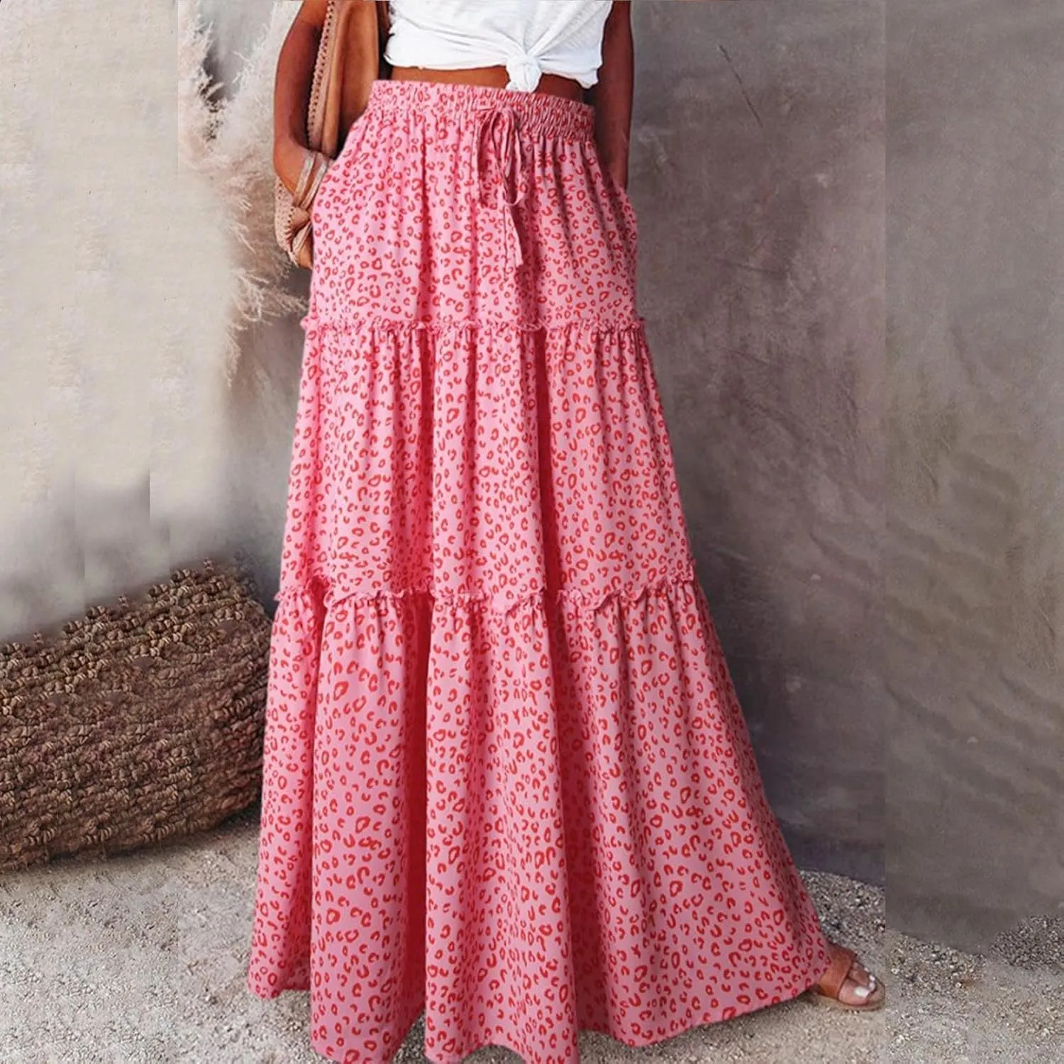 Women Lightweight Boho Maxi Skirt Summer Casual Flowy A-Line Skirts Drawstring High Waist Layered Ruffle Long Skirt