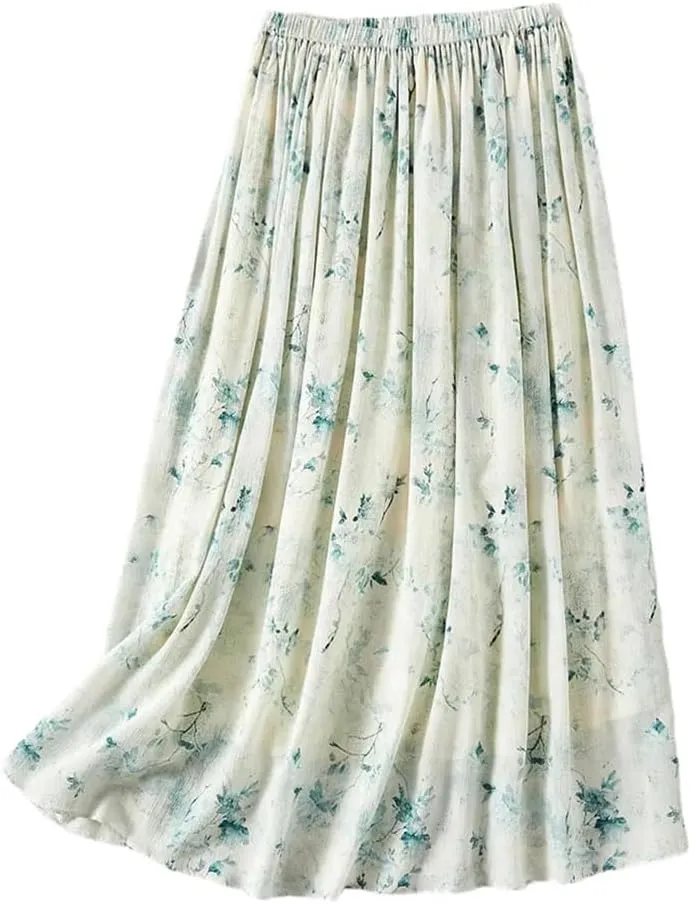 Women Mulberry Silk Lightweight Skirts High Waist Breathable Long Skirts Floral Vacation Skirts