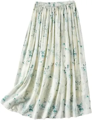 Women Mulberry Silk Lightweight Skirts High Waist Breathable Long Skirts Floral Vacation Skirts