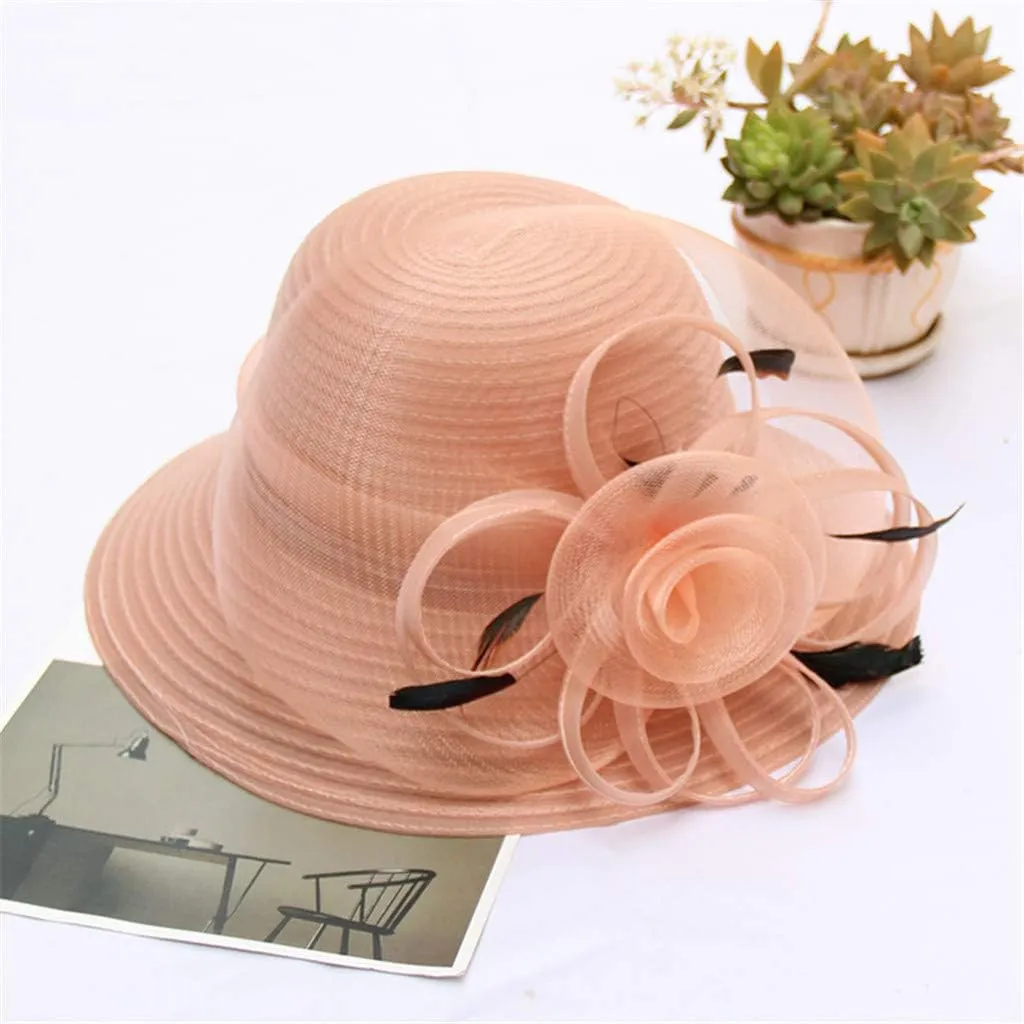 Women Organza Derby Hat Bridal Wedding Church Tea Party Wide Brim Flower Church Wedding Bridal Caps