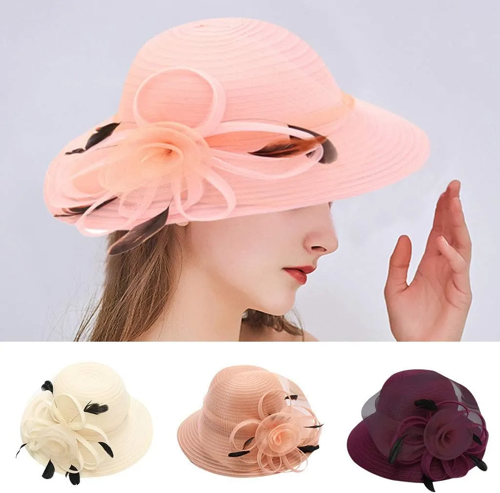 Women Organza Derby Hat Bridal Wedding Church Tea Party Wide Brim Flower Church Wedding Bridal Caps