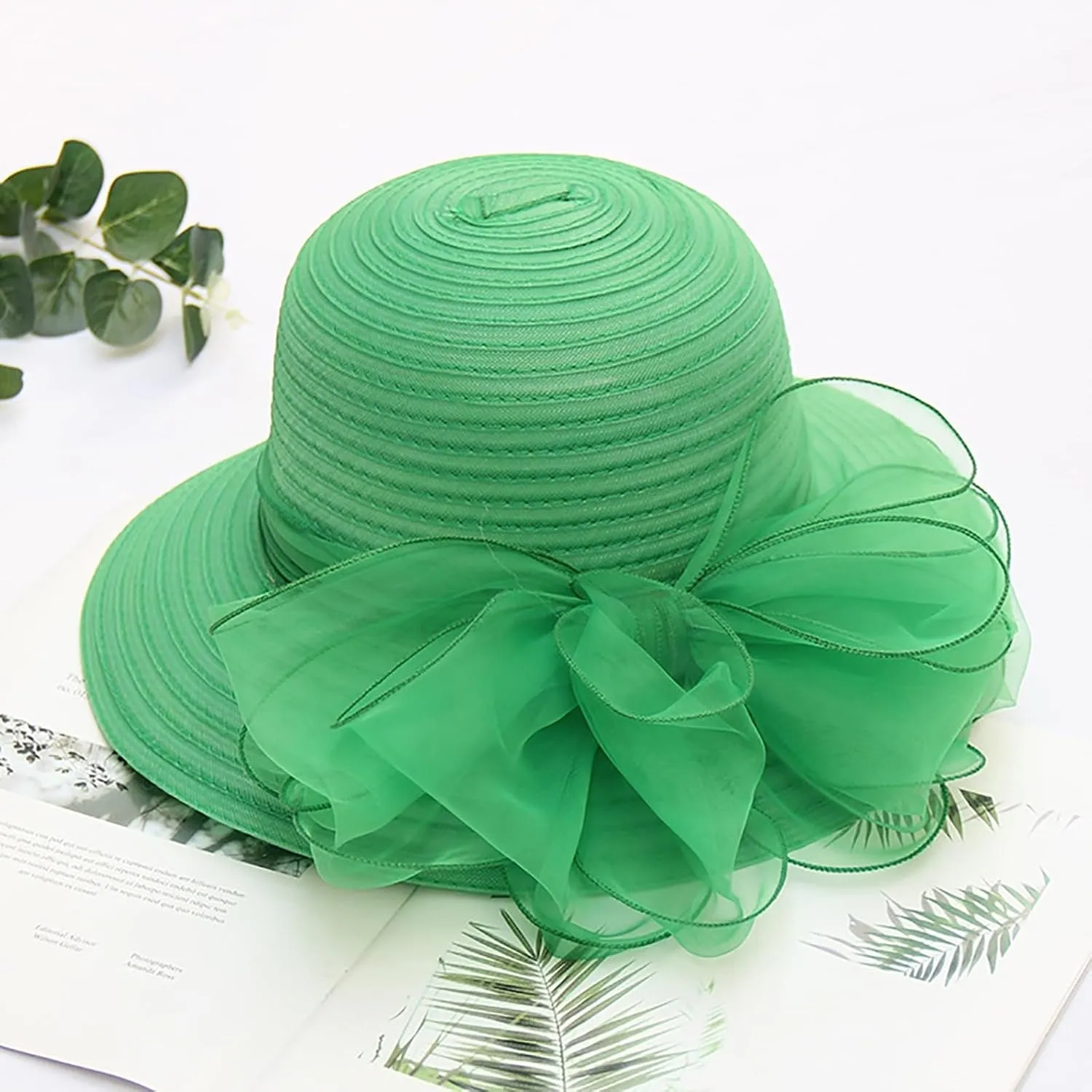 Women Organza Kentucky Church Derby Hat Wedding Occasion Floral Wide Brim Fascinator Dressy Sun UV Protection Cap