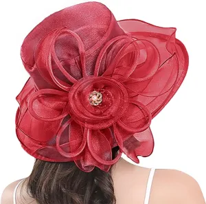 Women Organza Kentucky Hat Organza Floral Tea Party Derby Cocktail Elegant Dress Hat Wide Brim Wedding Bucket Hats