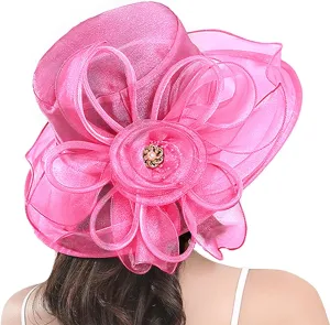 Women Organza Kentucky Hat Organza Floral Tea Party Derby Cocktail Elegant Dress Hat Wide Brim Wedding Bucket Hats
