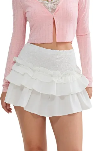Women Pleated Mini Skirts Layered Ruffle Hem Elastic High Waist Short Skirt Casual A Line Floral Layered Skirt