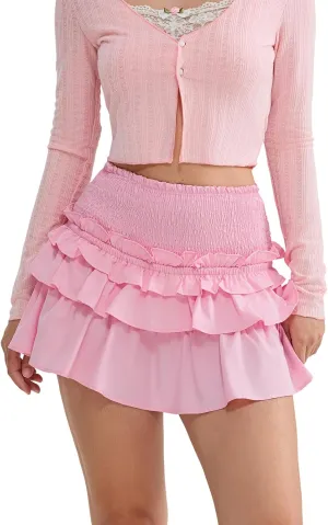 Women Pleated Mini Skirts Layered Ruffle Hem Elastic High Waist Short Skirt Casual A Line Floral Layered Skirt