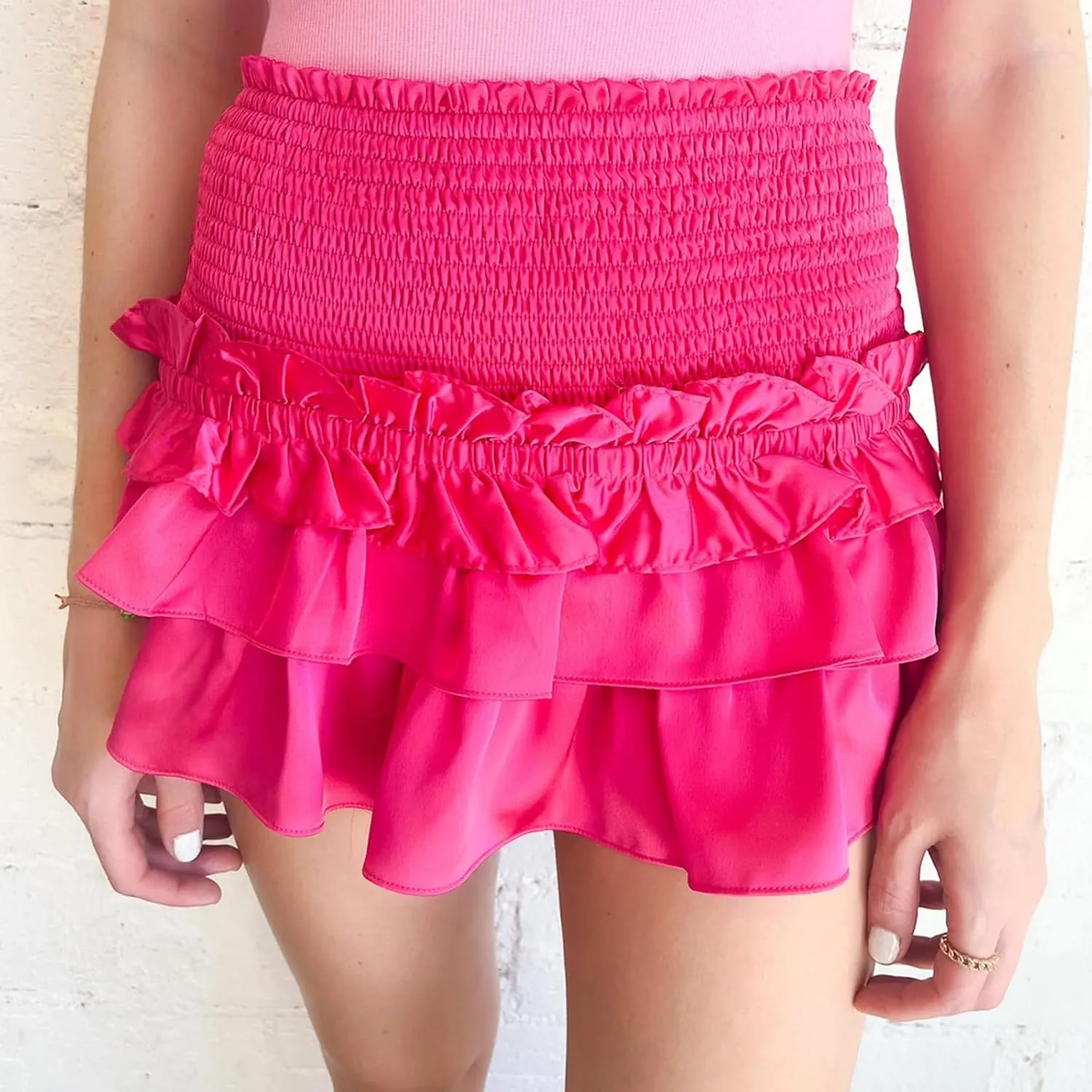 Women Pleated Mini Skirts Layered Ruffle Hem Elastic High Waist Short Skirt Casual A Line Floral Layered Skirt