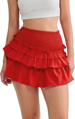 Women Pleated Mini Skirts Layered Ruffle Hem Elastic High Waist Short Skirt Casual A Line Floral Layered Skirt