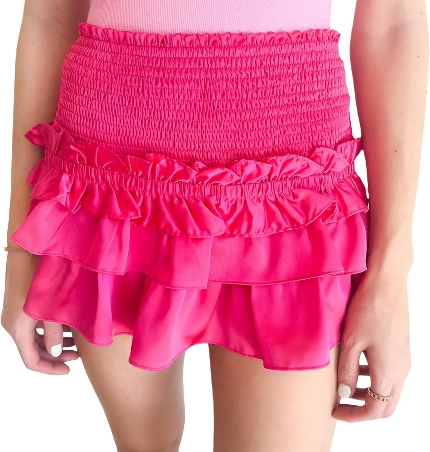 Women Pleated Mini Skirts Layered Ruffle Hem Elastic High Waist Short Skirt Casual A Line Floral Layered Skirt
