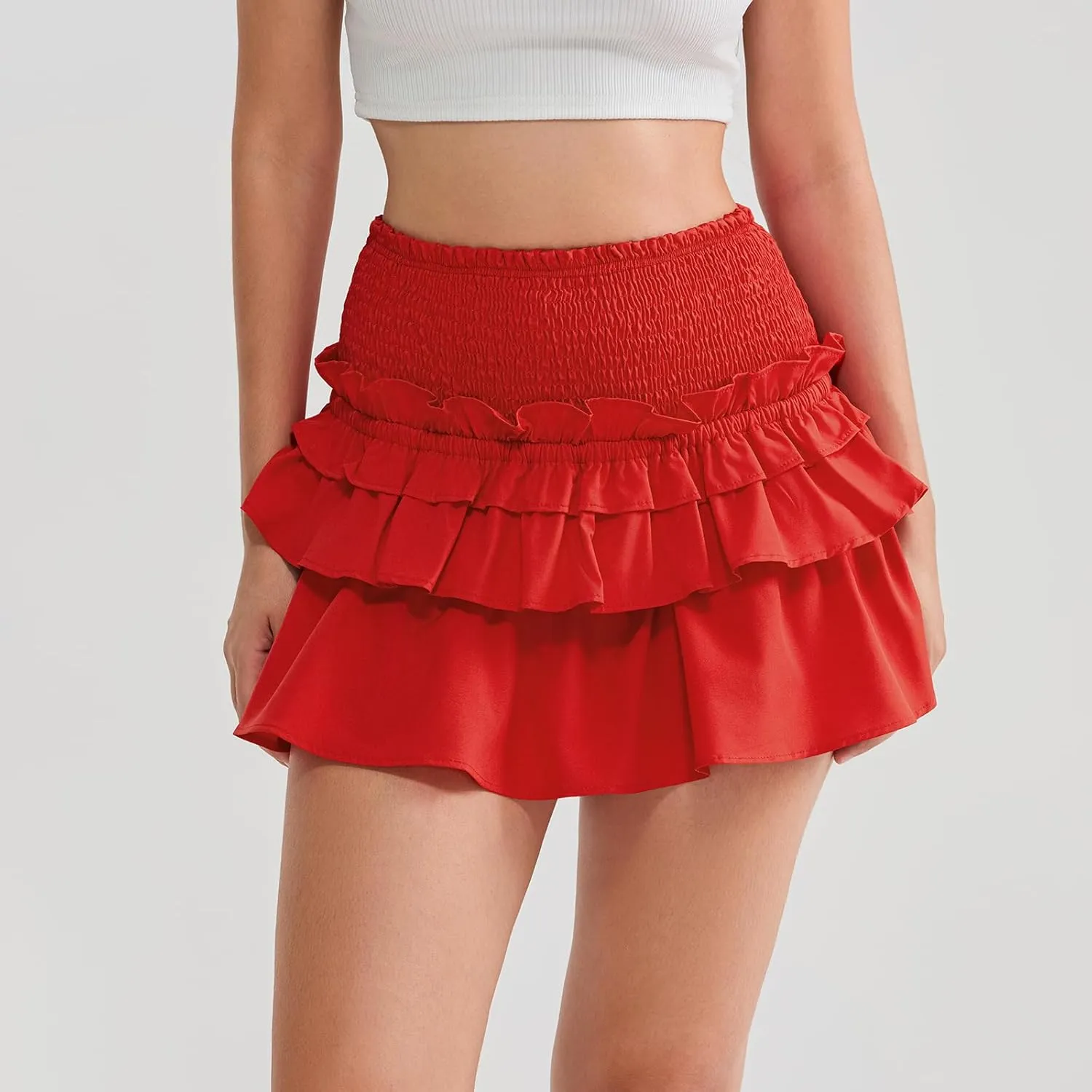 Women Pleated Mini Skirts Layered Ruffle Hem Elastic High Waist Short Skirt Casual A Line Floral Layered Skirt