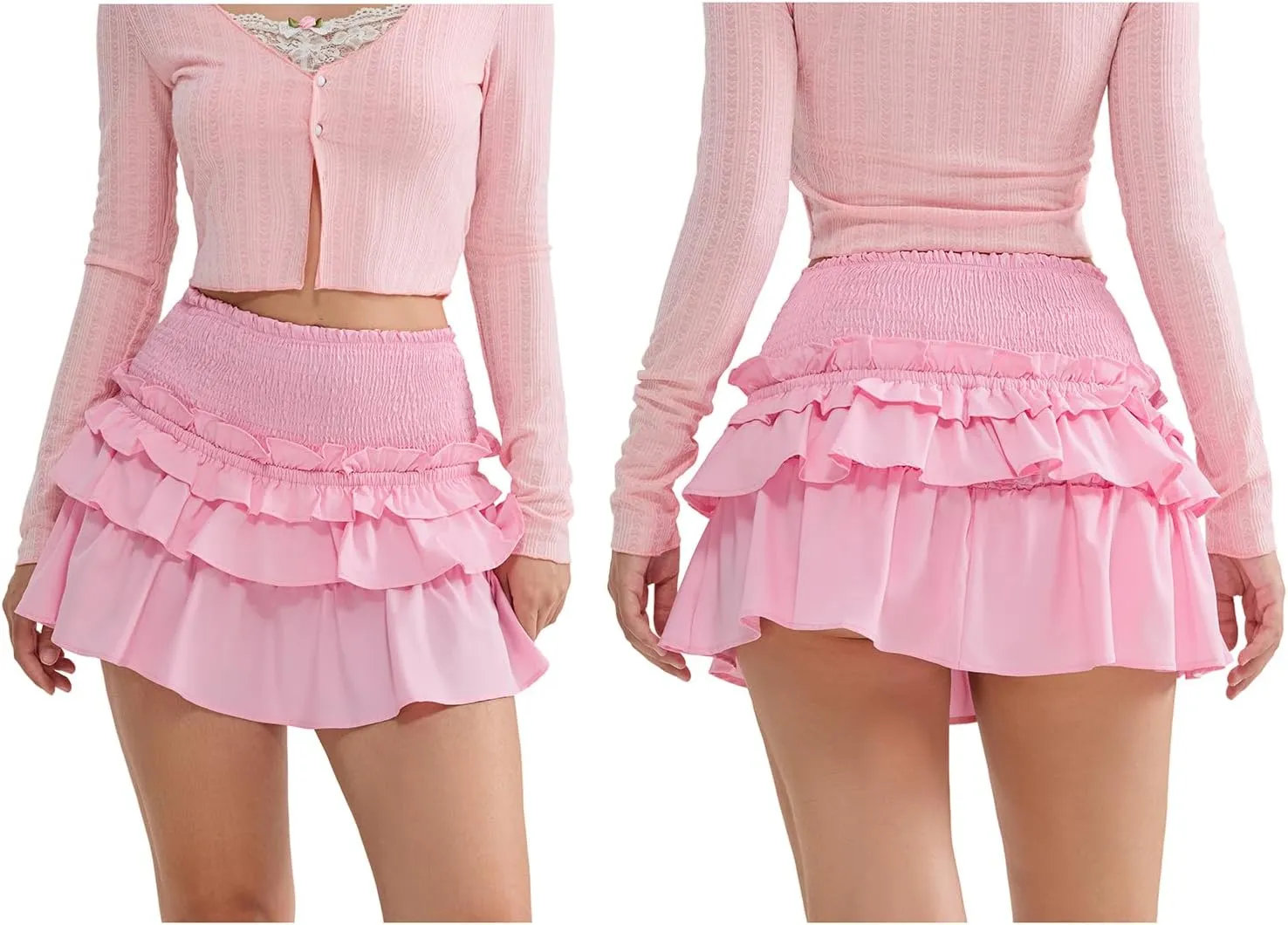 Women Pleated Mini Skirts Layered Ruffle Hem Elastic High Waist Short Skirt Casual A Line Floral Layered Skirt