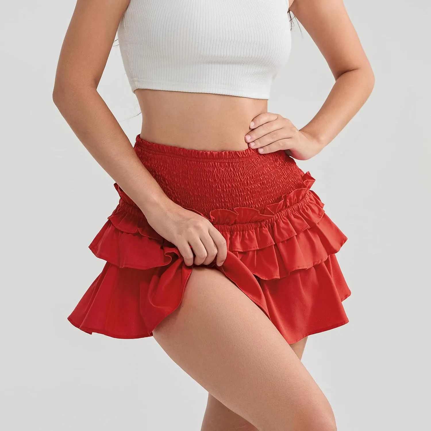 Women Pleated Mini Skirts Layered Ruffle Hem Elastic High Waist Short Skirt Casual A Line Floral Layered Skirt