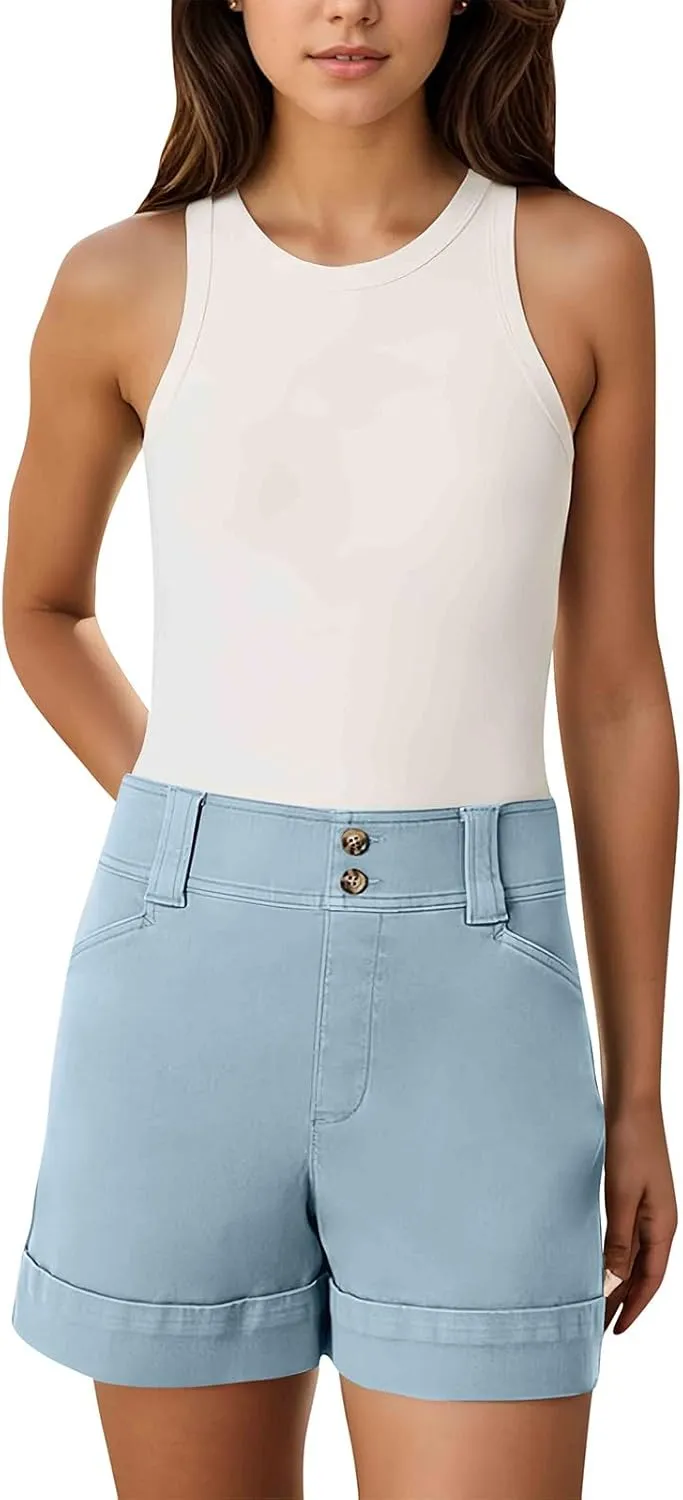 Women Stretch Twill Shorts Casual High Waisted Summer Shorts Folded Hem Chino Shorts Bermuda Shorts with Pockets