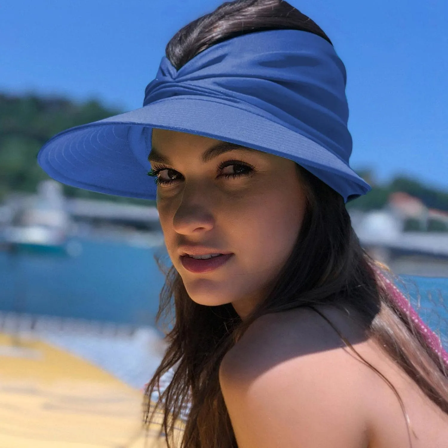 Women Wide Brim Sun Hats Ponytail Foldable Floppy Bucket Hat with Bowknot Empty Top Summer Visor Beach Holiday Hat