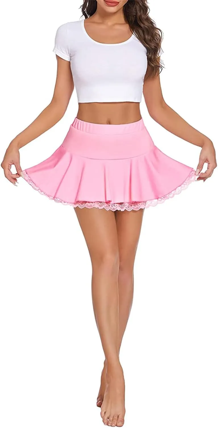 Women Y2K Ruffle Mini Skirt Cute Floral Lace Pleated Skater Skirt Low Rise Layered A-Line Short Skirt Streetwear