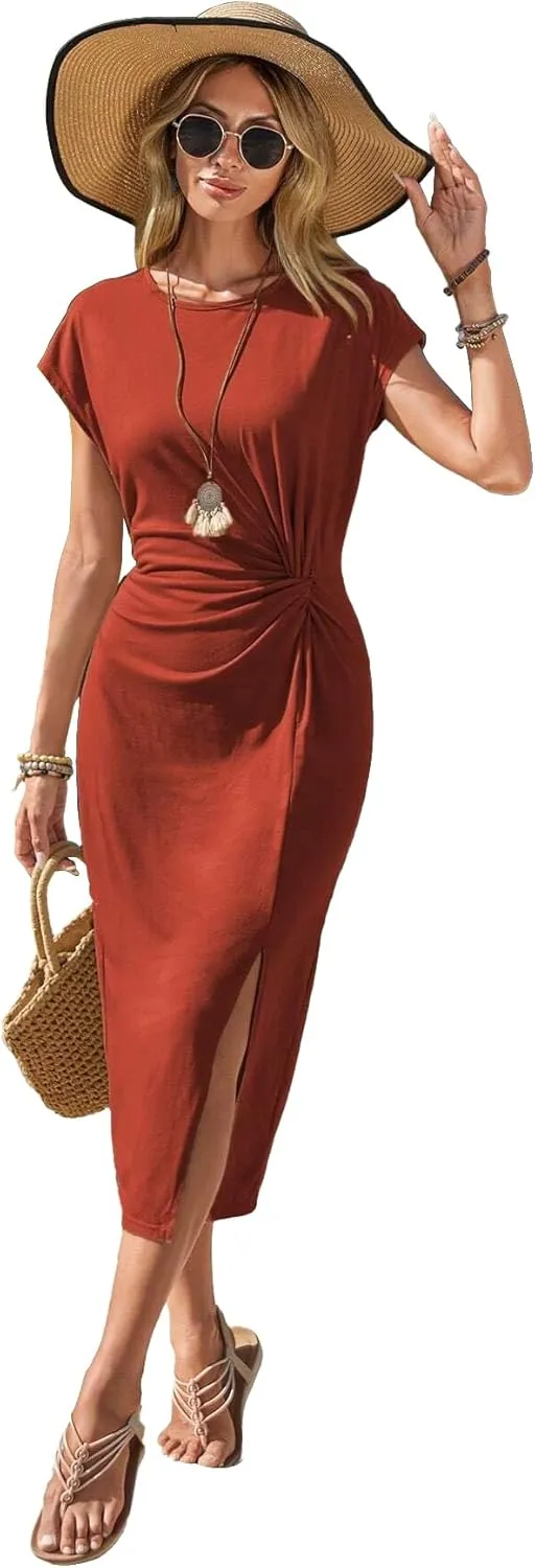 Womens 2024 Casual Summer Crewneck Midi Wrap Solid Batwing Sleeve Twist Split Hem Dress