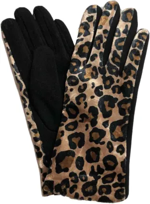 Womens Brown Velvet Leopard Print Soft Stretch Texting & Tech Touchscreen Gloves