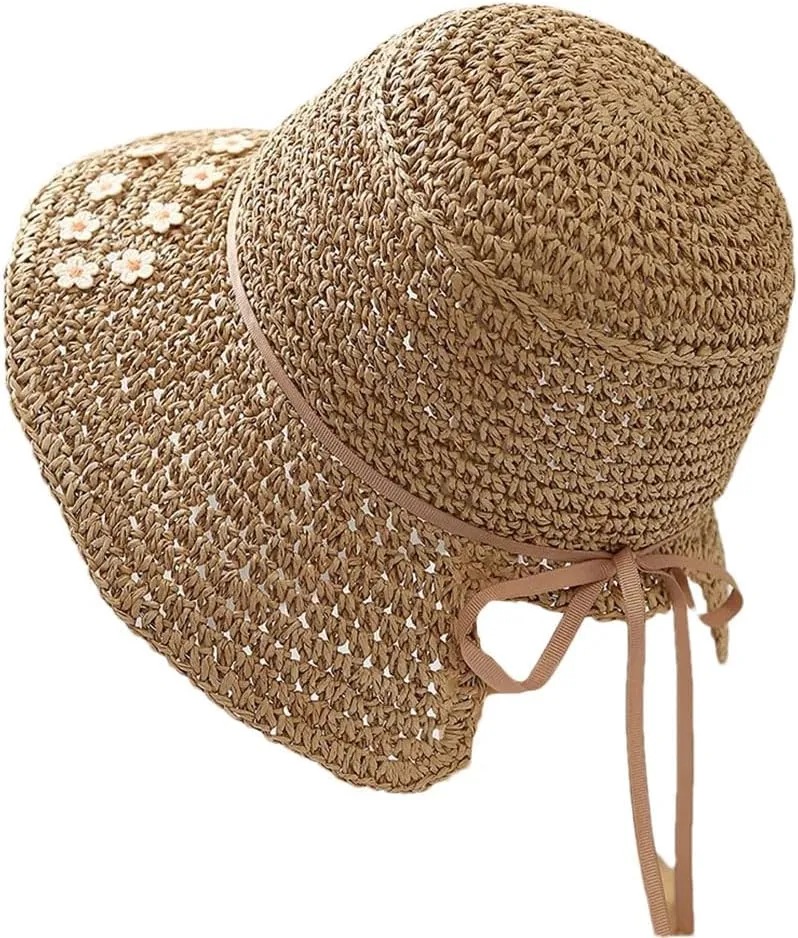 Women's Casual Paper Hat Sun Protection Foldable Rope Bow Fisherman Beach Sunshade Straw Hat