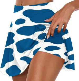 Women's Cow Printed Layered Ruffle Mini Skirts with Shorts High Waisted Tennis Skirts Soft Yoga Shorts