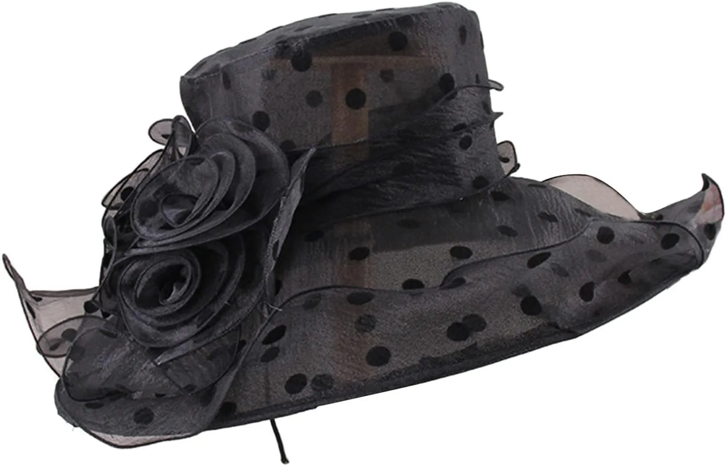 Women's Derby Church Dress Hat Polka Dots Organza Flower Fascinator Wide Brim Bridal Shower Wedding Tea Party Hat