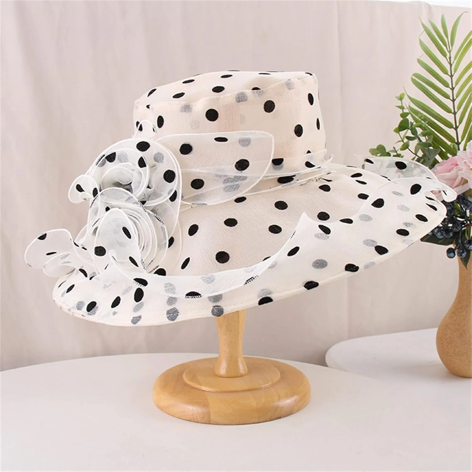 Women's Derby Church Dress Hat Polka Dots Organza Flower Fascinator Wide Brim Bridal Shower Wedding Tea Party Hat