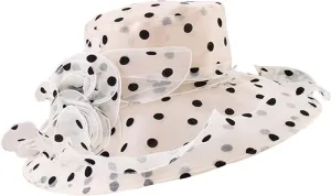 Women's Derby Church Dress Hat Polka Dots Organza Flower Fascinator Wide Brim Bridal Shower Wedding Tea Party Hat