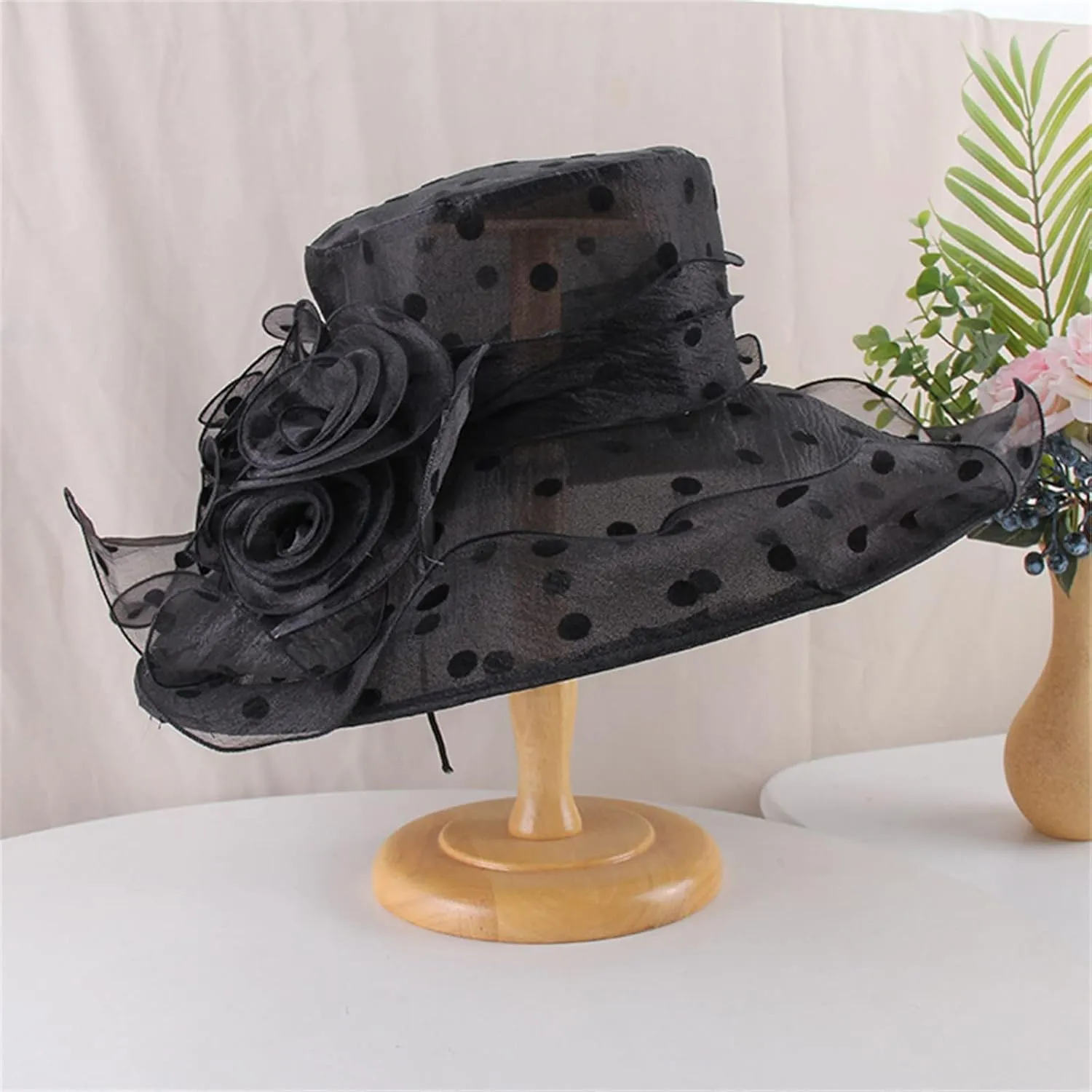Women's Derby Church Dress Hat Polka Dots Organza Flower Fascinator Wide Brim Bridal Shower Wedding Tea Party Hat