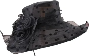 Women's Derby Church Dress Hat Polka Dots Organza Flower Fascinator Wide Brim Bridal Shower Wedding Tea Party Hat