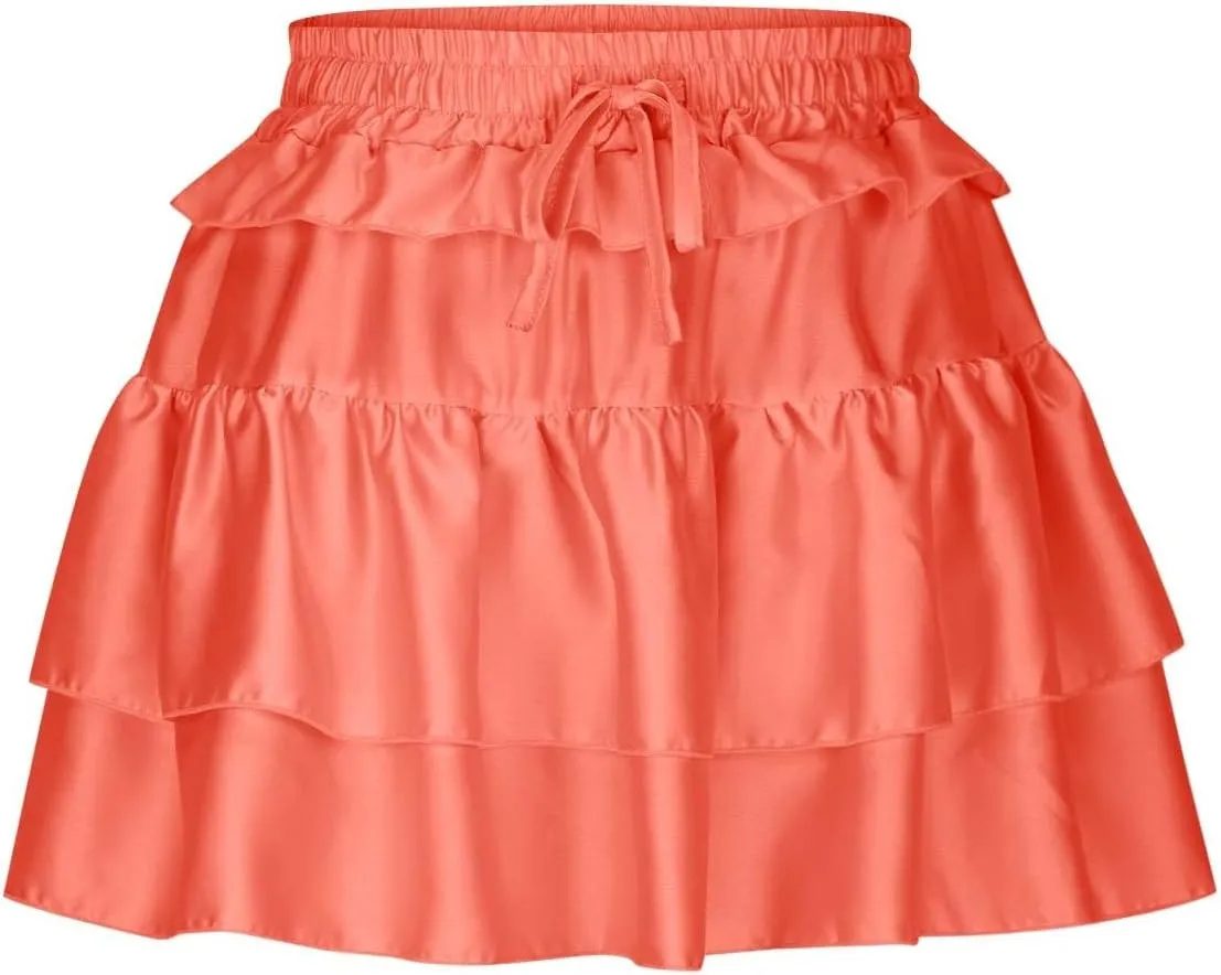 Women's Drawstring High Waist Mini Skirt Cute Layered Ruffle Hem Cake Skirts Summer Casual Solid Y2K Short Skirt