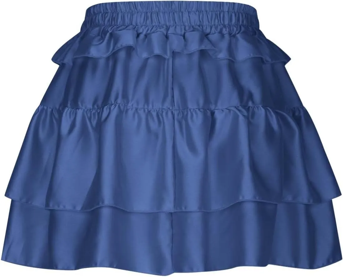 Women's Drawstring High Waist Mini Skirt Cute Layered Ruffle Hem Cake Skirts Summer Casual Solid Y2K Short Skirt