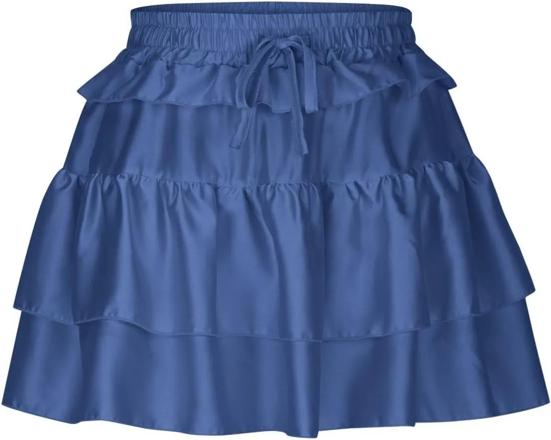 Women's Drawstring High Waist Mini Skirt Cute Layered Ruffle Hem Cake Skirts Summer Casual Solid Y2K Short Skirt