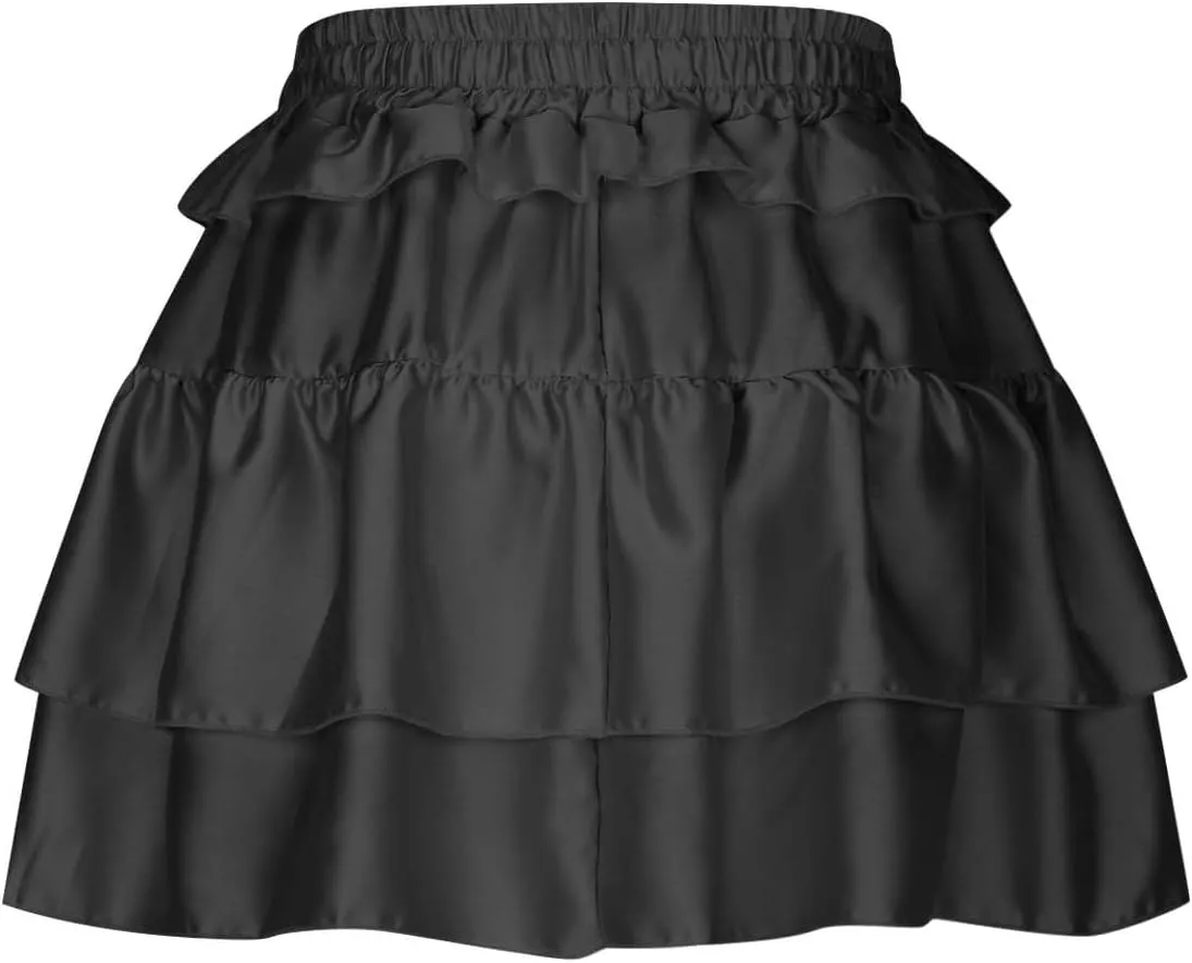 Women's Drawstring High Waist Mini Skirt Cute Layered Ruffle Hem Cake Skirts Summer Casual Solid Y2K Short Skirt