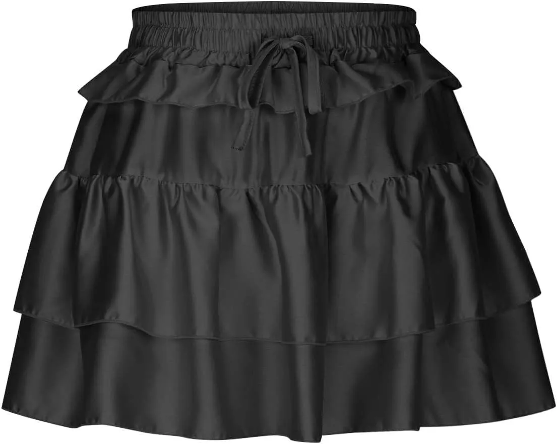 Women's Drawstring High Waist Mini Skirt Cute Layered Ruffle Hem Cake Skirts Summer Casual Solid Y2K Short Skirt