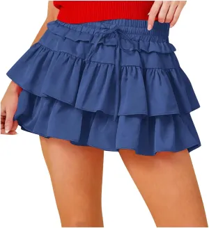 Women's Drawstring High Waist Mini Skirt Cute Layered Ruffle Hem Cake Skirts Summer Casual Solid Y2K Short Skirt