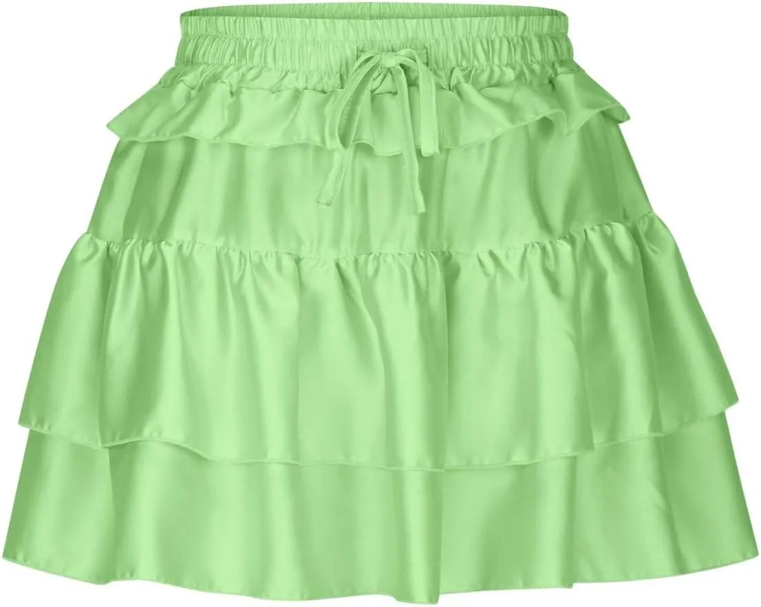 Women's Drawstring High Waist Mini Skirt Cute Layered Ruffle Hem Cake Skirts Summer Casual Solid Y2K Short Skirt