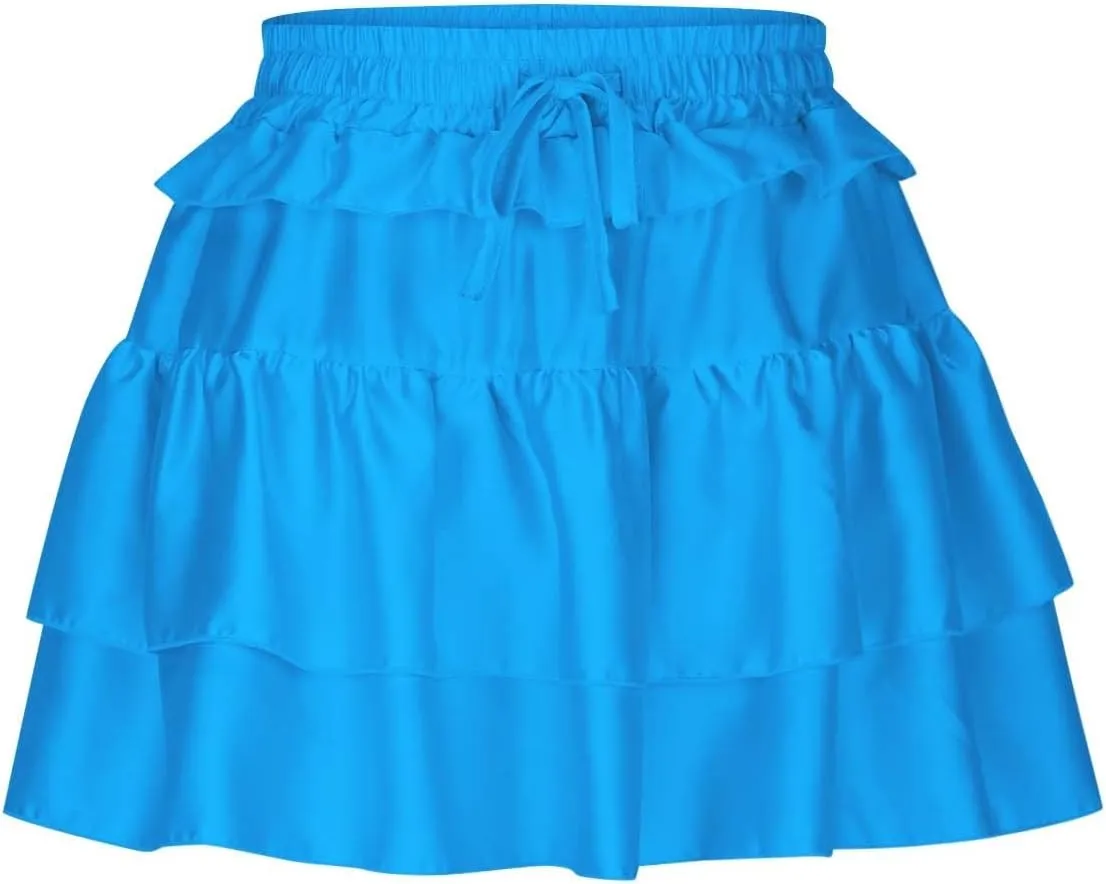 Women's Drawstring High Waist Mini Skirt Cute Layered Ruffle Hem Cake Skirts Summer Casual Solid Y2K Short Skirt
