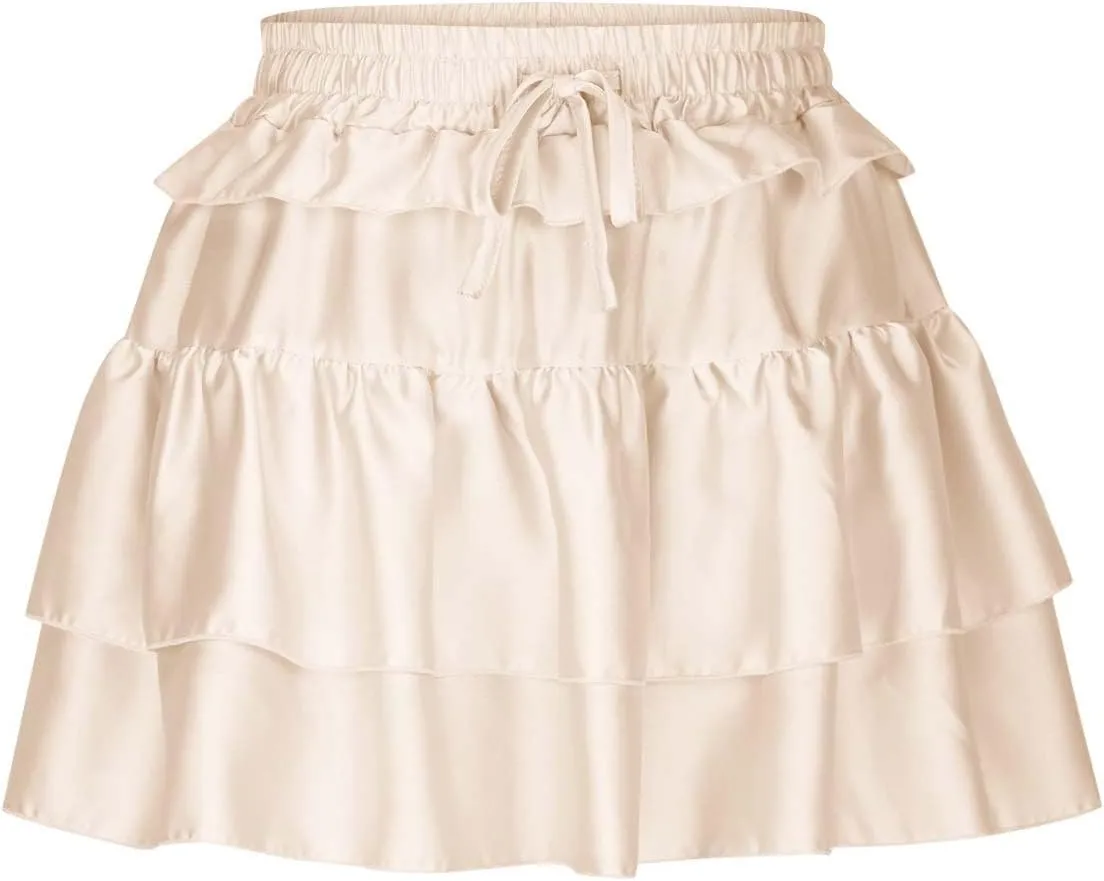 Women's Drawstring High Waist Mini Skirt Cute Layered Ruffle Hem Cake Skirts Summer Casual Solid Y2K Short Skirt