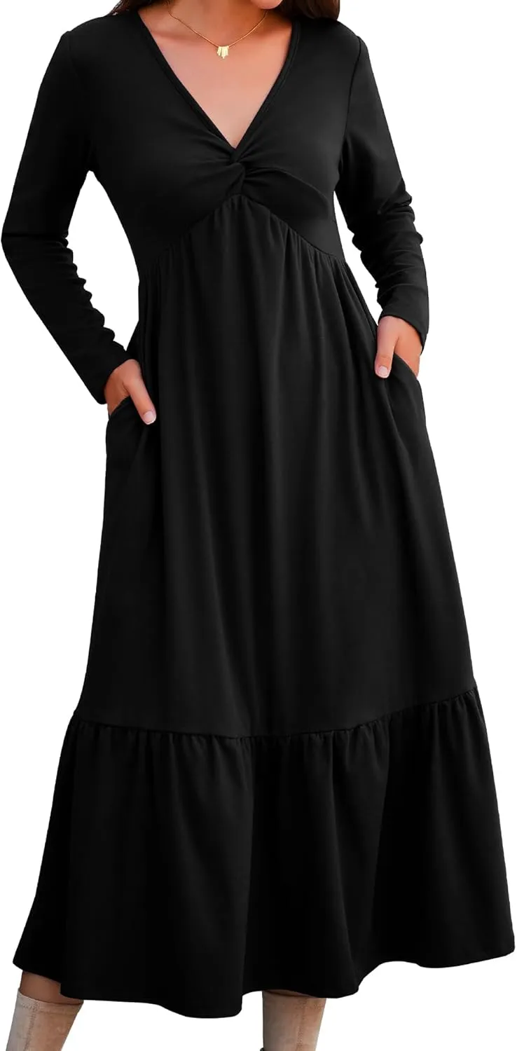 Women's Dresses Fall Long Sleeve V Neck Twist Knot Front Dress 2024 Casual Ruffle Tiered Pleated Flowy Winter Maxi Warm Dresses Vacation Outfit Black