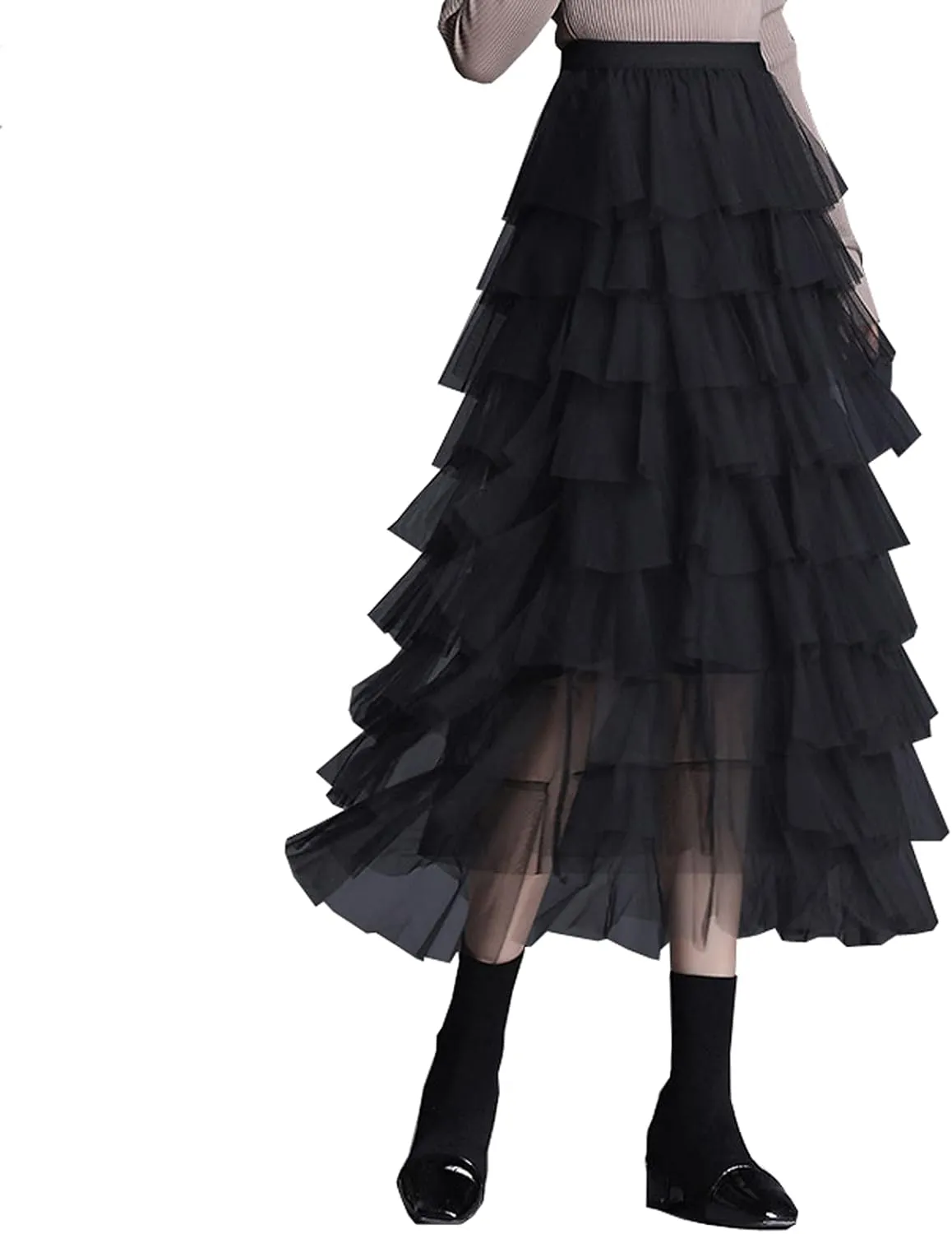 Women's Elastic Waist Tiered Layered Mesh Ballet Prom Party Tulle Tutu A-line Long Skirt