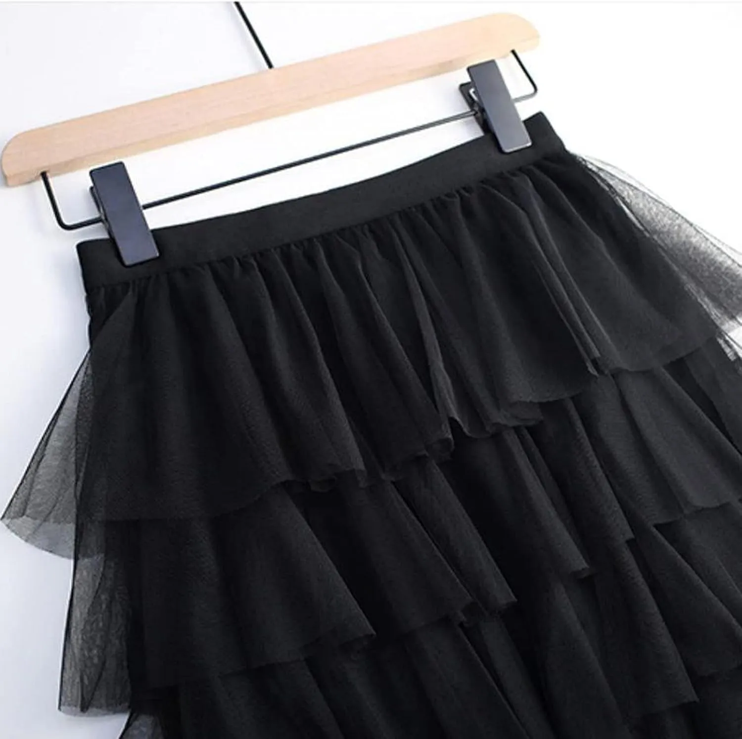 Women's Elastic Waist Tiered Layered Mesh Ballet Prom Party Tulle Tutu A-line Long Skirt
